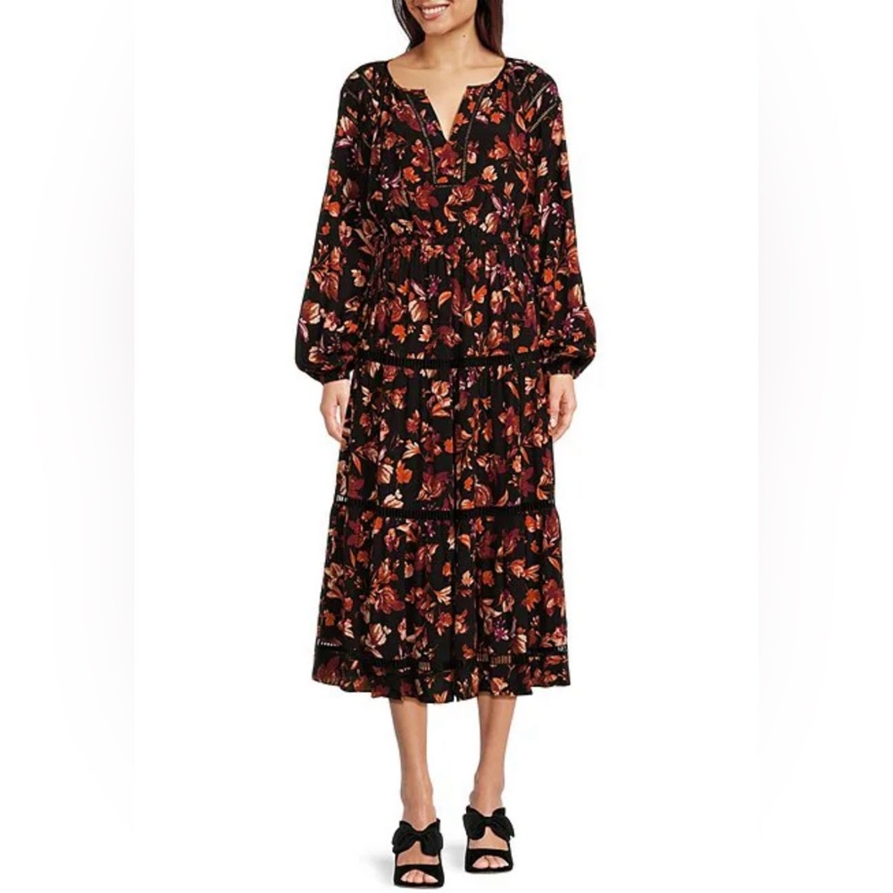 NWT Gibson Latimer Long Sleeve Lace Insert Floral Print Midi Dress Size XXL